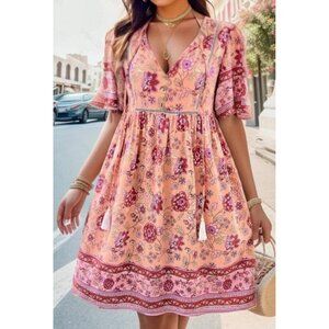 Beachsissi Summer Dress Womens Sz M Pink Floral Short Sleeve Tassels Bach Casual